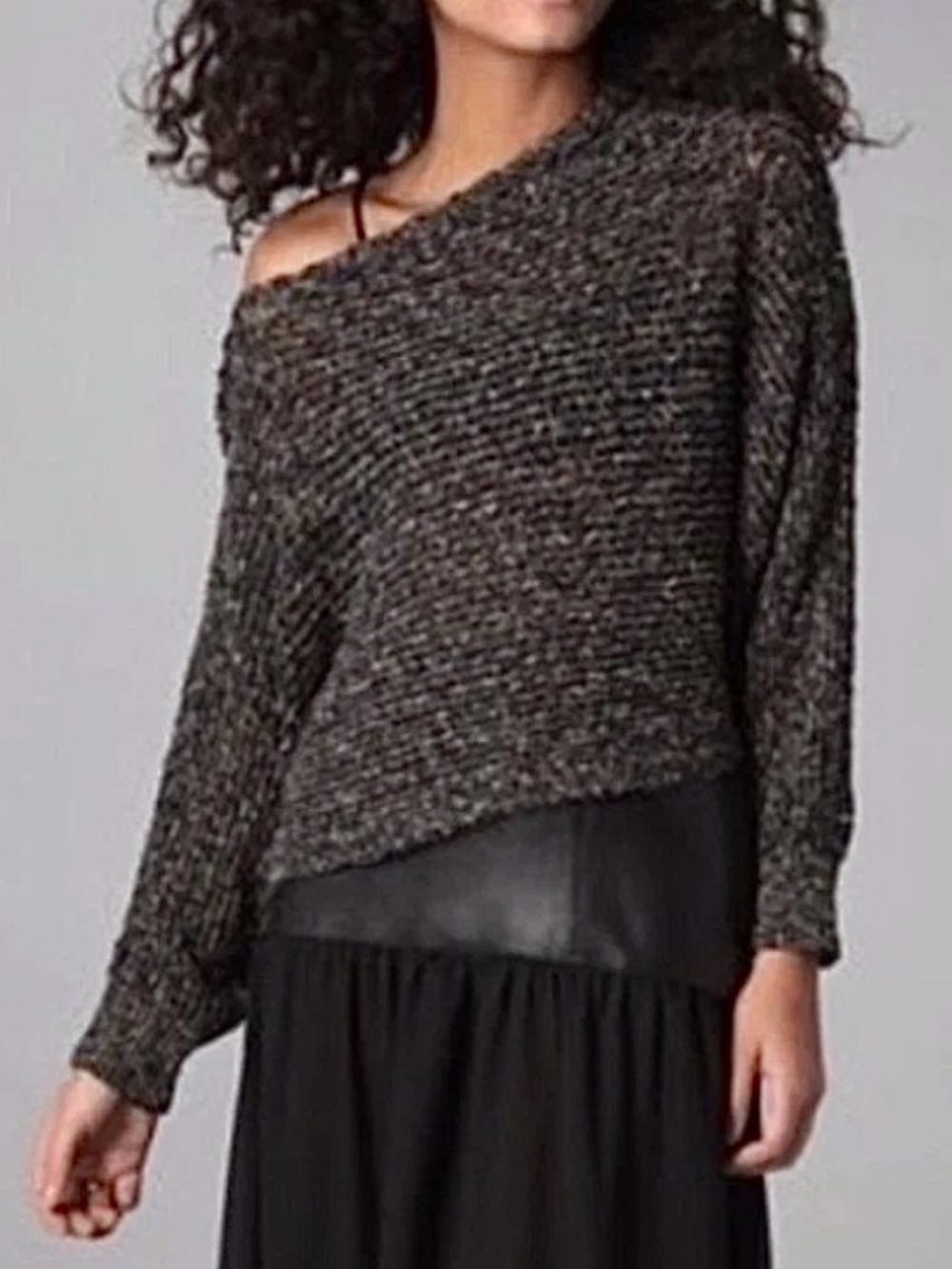 FREE PEOPLE Linen Blend Confetti Knit Boat Neck Off-The-Shoulder Crop Sweater